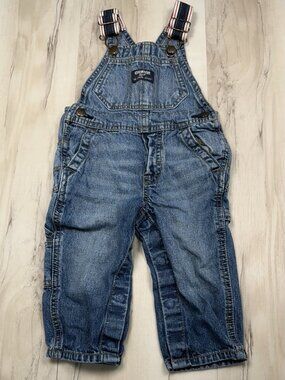 OSHKOSH B'GOSH Kids 9-12M Denim OVERALLS Striped Canvas Straps Conductor EUC